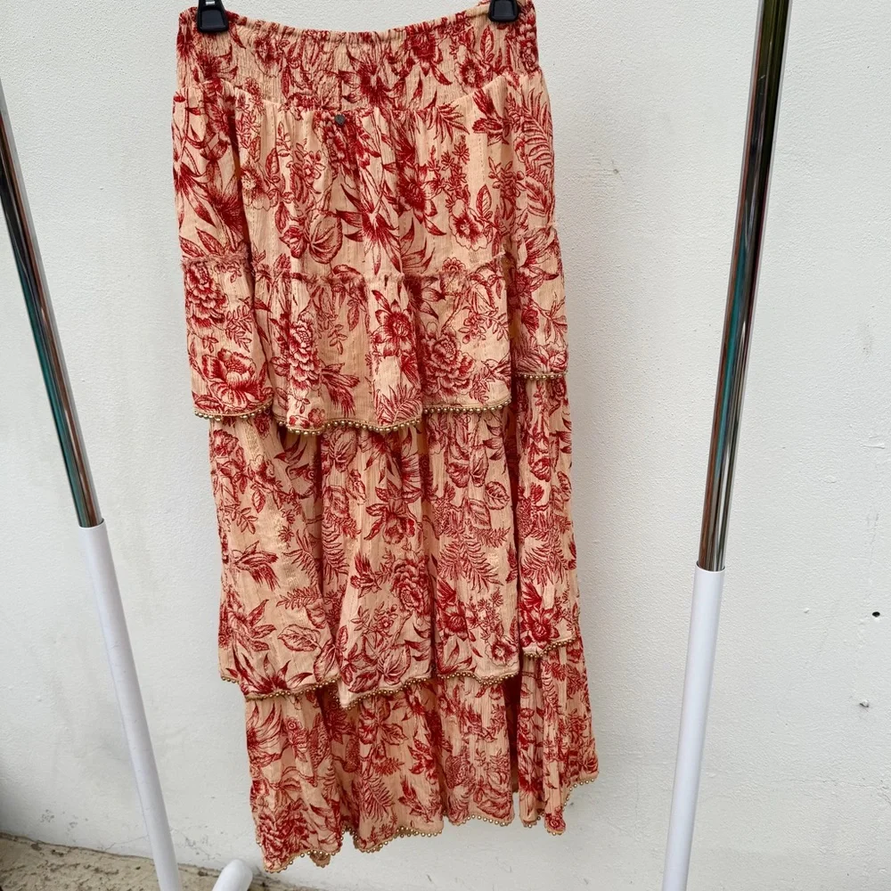 Boho Red & Tan Floral Ruffled Maxi Skirt Size Medium - Picture 3 of 7